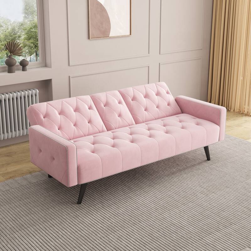 72" Pink Velvet Sofa Bed with Armrest, Nail Head Trim and Two Cup Holders for Small Spaces - Multi-Color