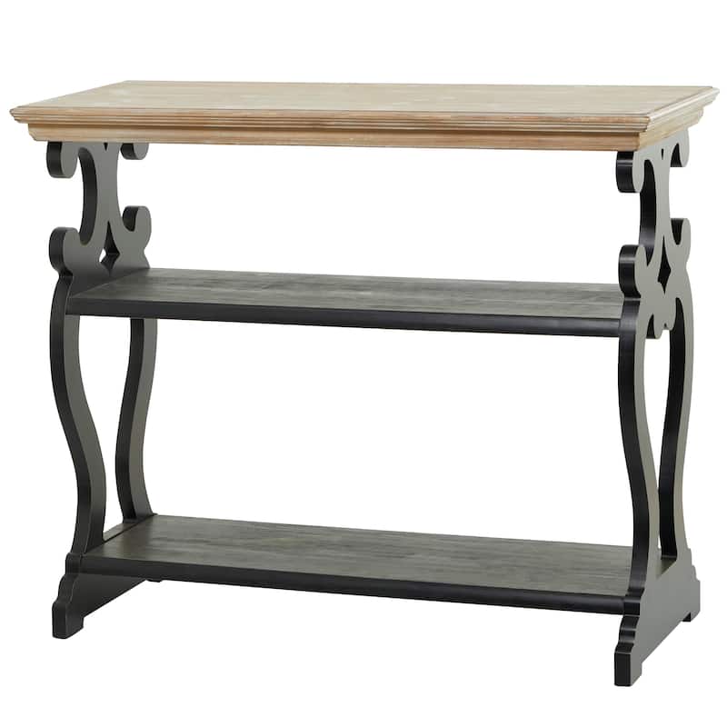 White Wood Scroll Side Frames 2 Shelf Console Table with Brown Wood Top - White or Black