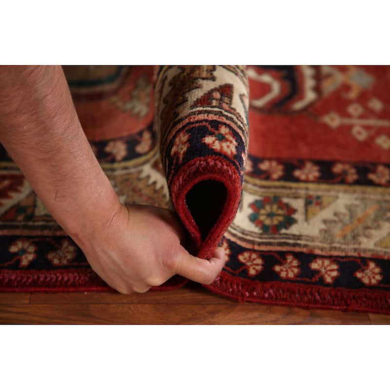 Geometric Red Heriz Persian Vintage Runner Rug Handmade Wool Carpet - 3'9"x 11'1"