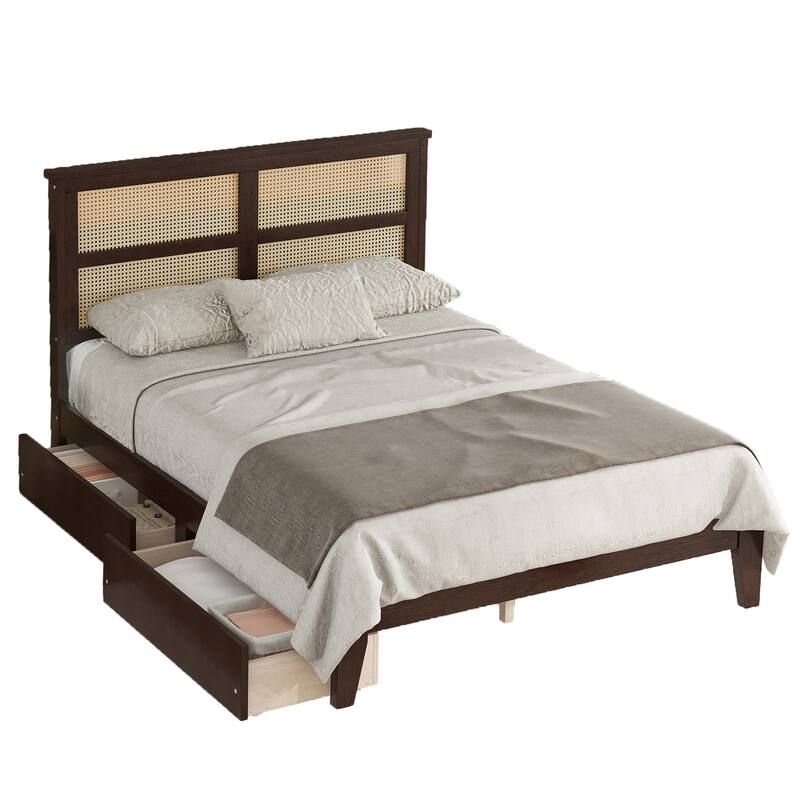 Full Size Bed with Rattan Headboard, Two Storage Drawers, Rubber Wood Frame, Espresso Finish