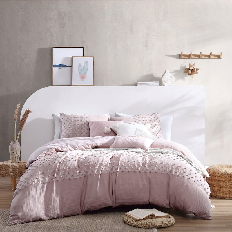 Swift Home Layla Cotton Pom Pom Clipped Tufted Jacquard 5-Piece Bedding Comforter Set