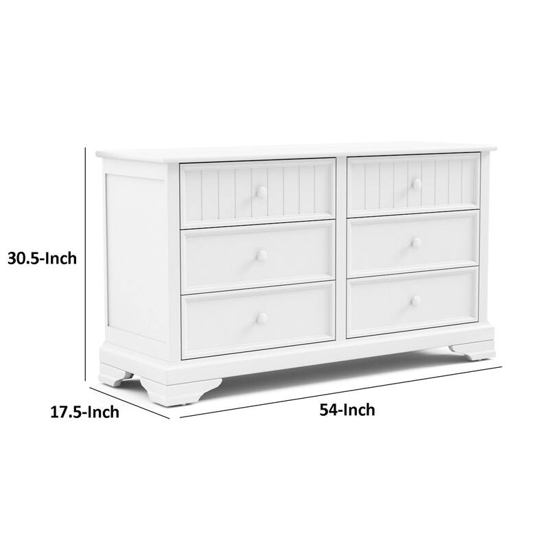 Toli Wide Dresser, 6 Drawers w Round Knobs, White Solid Hardwood
