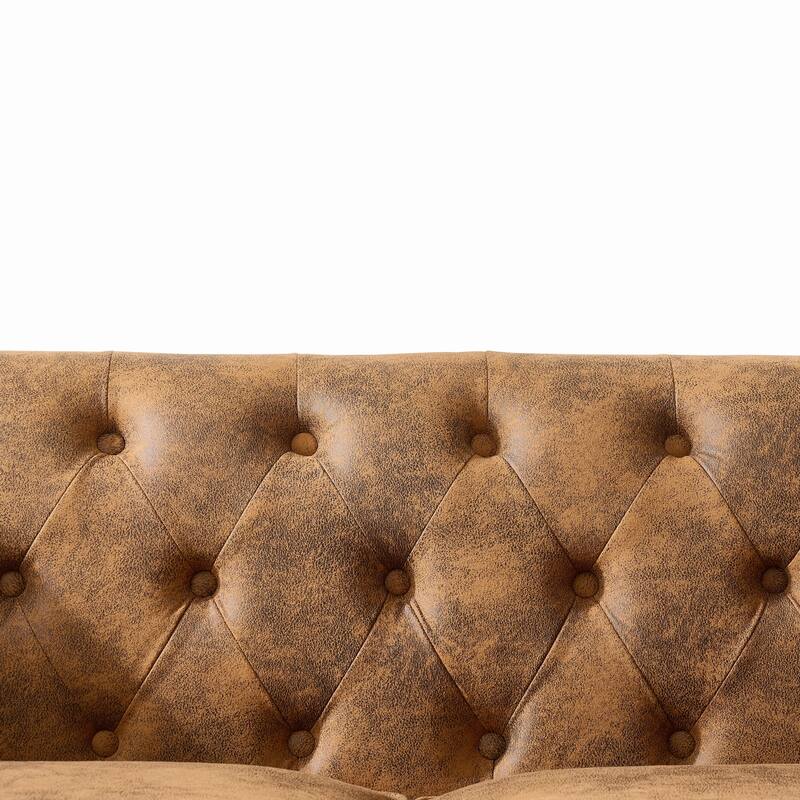 Roomfitters 80" + 63" Classic Chesterfield Upholstered Sofa and Loveseat Set, Button Back Scrolled Arm Couch, Brown