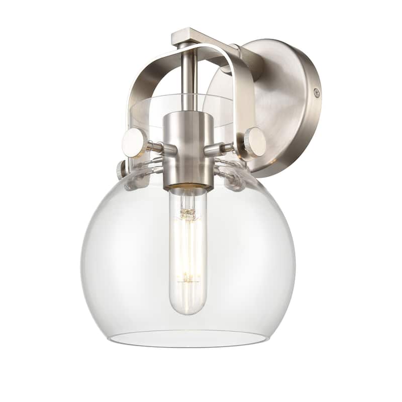 Innovations Lighting 423-1W-10-7 Pilaster II Sphere Sconce Pilaster II - Satin Nickel / Clear
