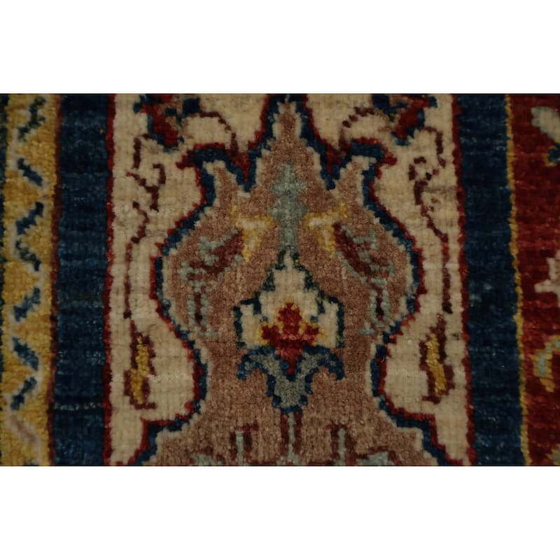 Hand Knotted Oriental 100% Wool Carpet Traditional Geometric Navy Blue & Blues Kazak Runner Rug - 22' 10'' X 2' 8''