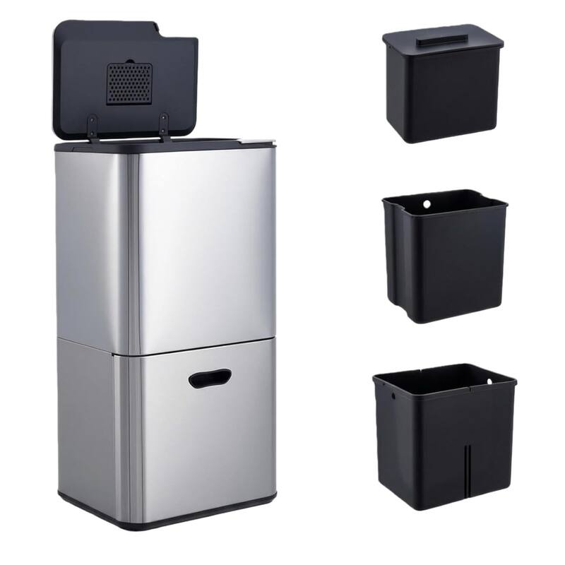 16 Gal Dual Compartment Recycling Bin Kitchen Trash Can - Silver