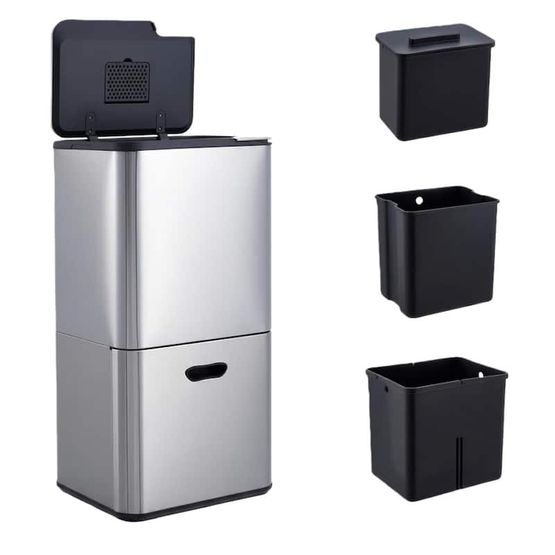 16-Gallon Dual Compartment Stainless Steel Trash and Recycle Bin with Odor Filter and Removable Buckets Silver - Silver