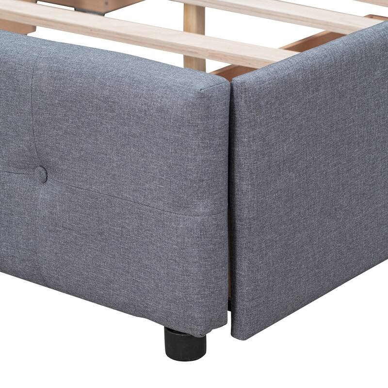 Queen Upholstered Bed Frame with 4 Drawers, Linen Fabric Platform Storage Bed with Classic Headboard and Wooden Slats Support