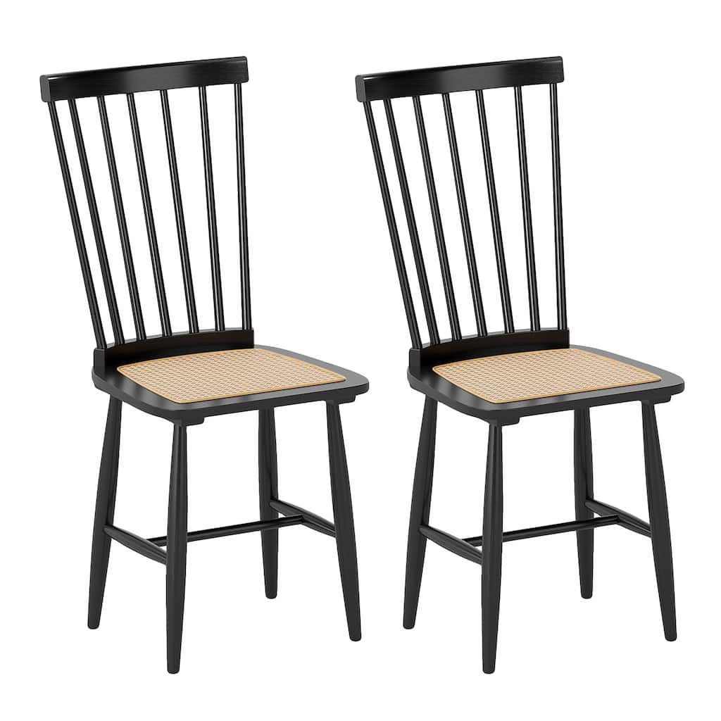 Stylish Windsor Style Dining Chair Set with PE Rattan Seat Ergonomic Spindle Back and Rubber Wood Frame - 21.5" x 16" x 38"