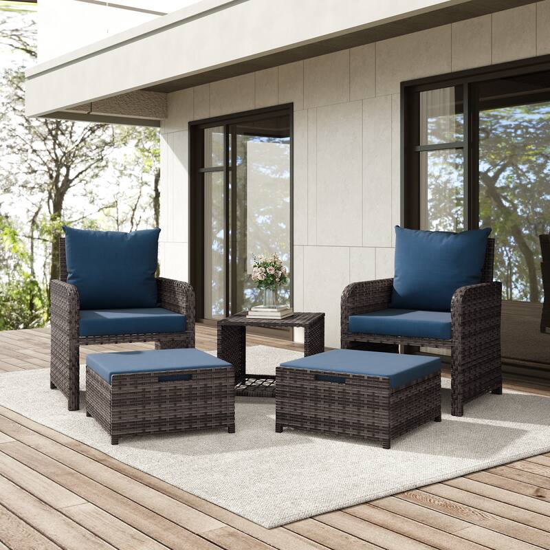 5-Piece PE Rattan Outdoor Patio Set with 2 Chairs, 2 Ottomans, Coffee Table - PE BROWN-Blue