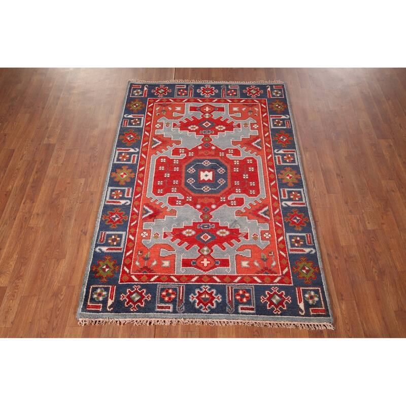 Geometric Kazak Indian Area Rug Handmade Wool Carpet - 4'0"x 5'11"