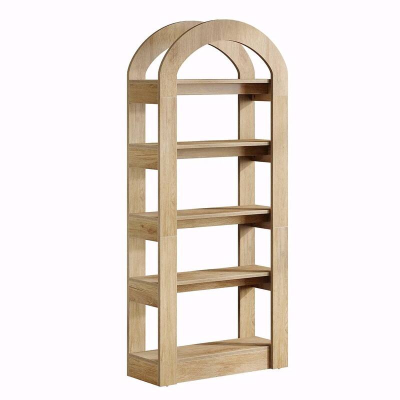 Modern Arched Bookshelf with 5 Shelves, Teak Finish MDF Storage Bookcase for Living Room or Office