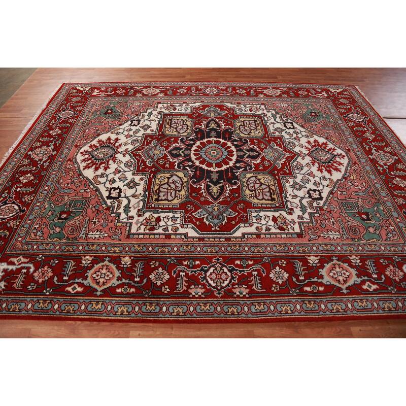 Hand Knotted Oriental 100% Wool Carpet Traditional Medallion Beige & Ivories Heriz (serapi) Area Rug - 10' 1'' X 7' 11''