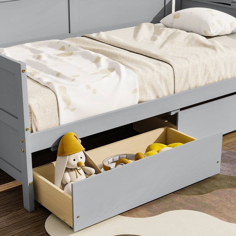 Pine Wood Sofa Bed, Twin Size Daybed with Pull-out Storage Drawers Storage Bed Platform Bed with Panel Headboard and Footboard