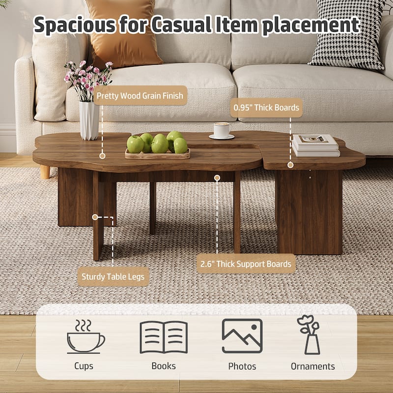 Mid-Century Modern Irregular Cloud 2-Piece Modular Coffee Table - Brown Wood, Living Room Center Table