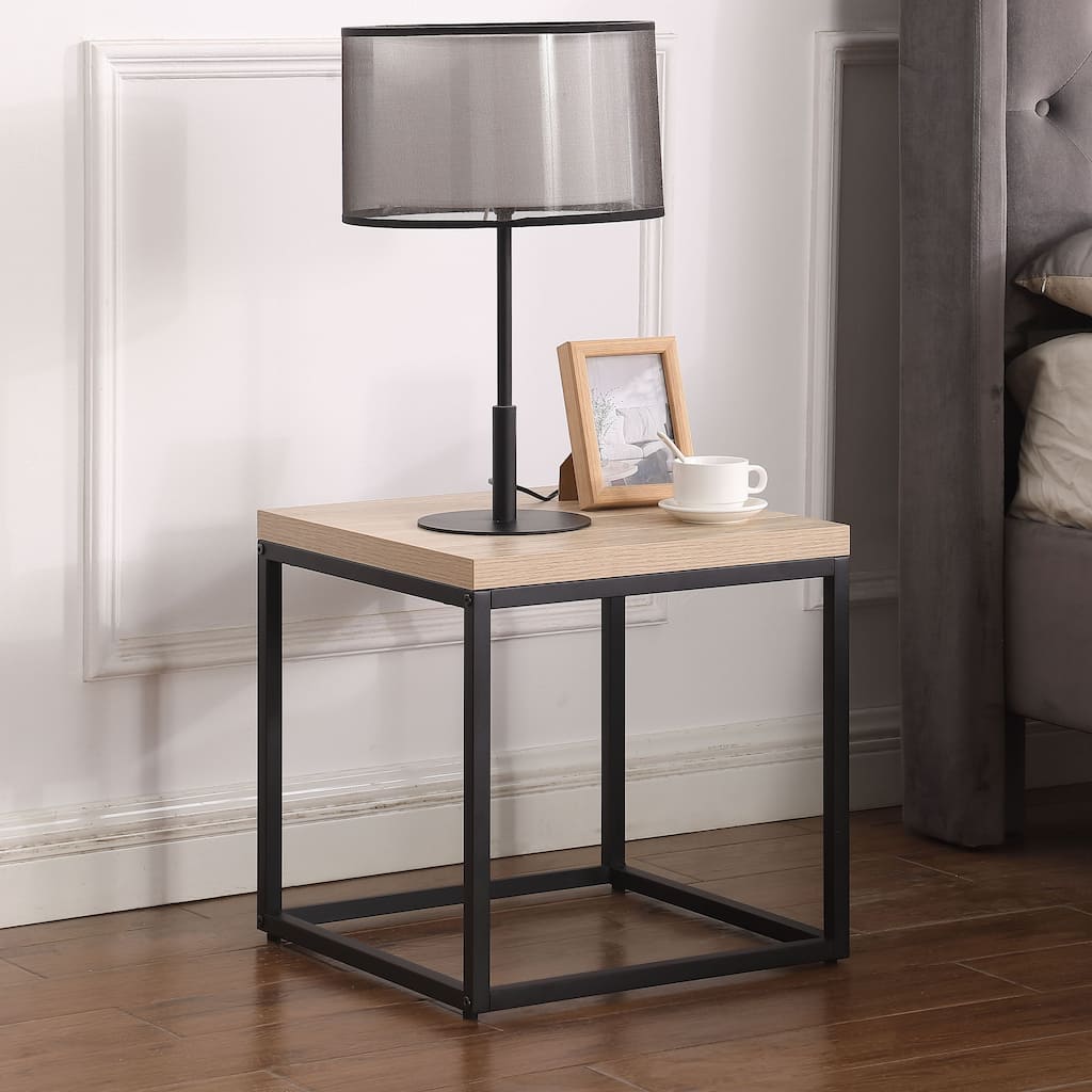 End Table Side Table, Square Wood and Metal Nightstand,Storage Small End Table, for Living Room Bedroom, Natural Oak