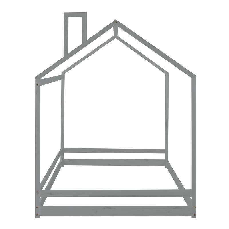 Solid Pine Wood Full Size Floor House Bed Play House Bed, Grey