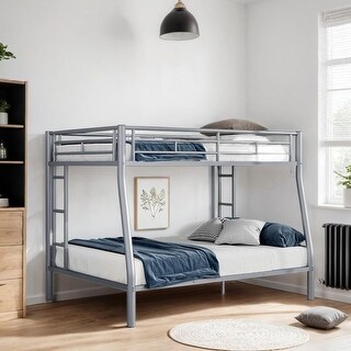 Full XL over Queen Metal Bunk Bed with Ladder and Guardrails, Silver