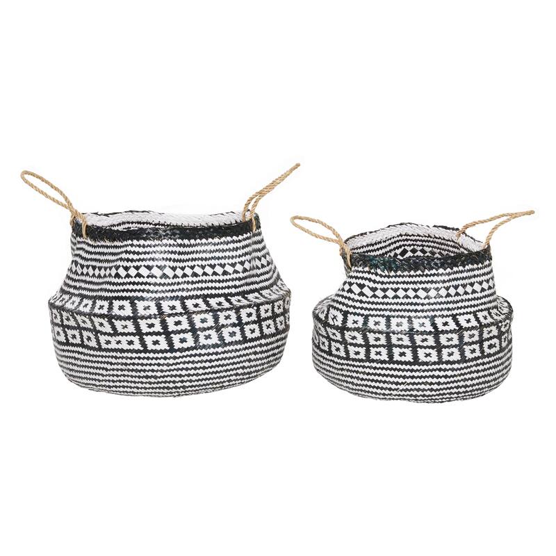 Black/White Seagrass Boho Eclectic Plant Storage Basket (Set of 2) - S/2 16", 14"H