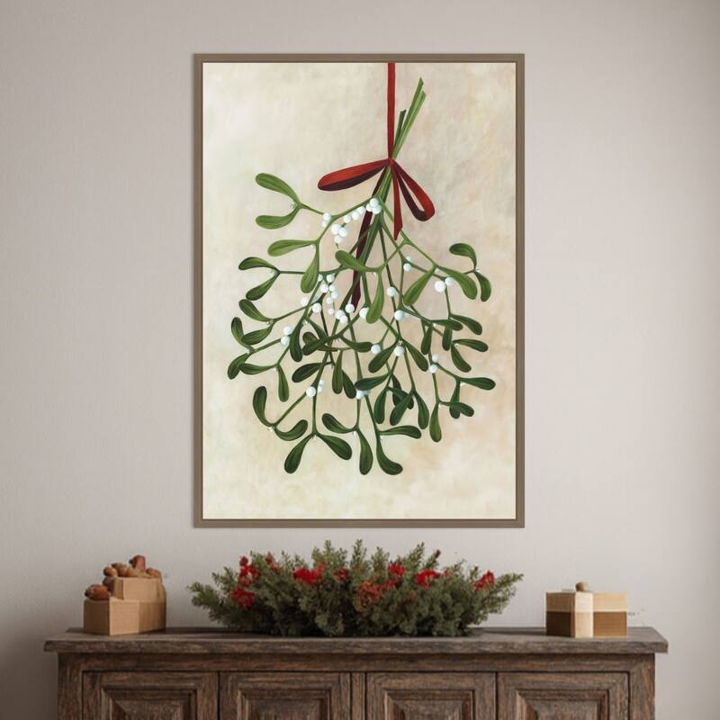 Mistletoe bouquet with bow by Rosana Laiz Blursbyai (23 x 33 in.), Framed Canvas Wall Art Print - Sylvie Dark Gold