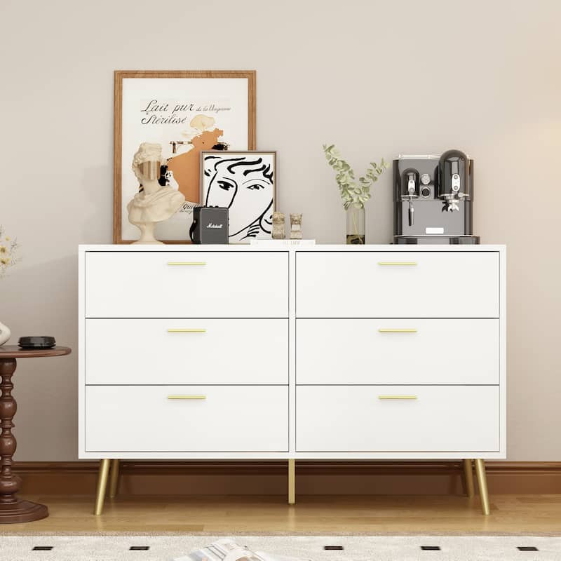 6-Drawer Double Dresser with Gold Accents Bedroom Storage Solution