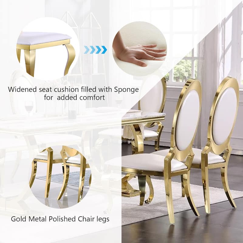 Luxury White PU Leather Dining Chairs with Polished Gold Cabriole Legs