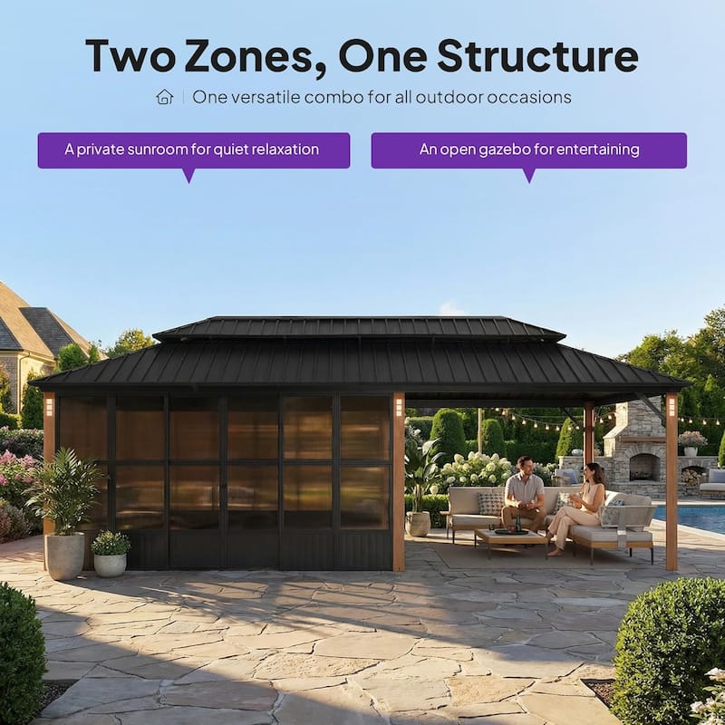PURPLE LEAF Double Top Outdoor Sunroom All-Weather Screen House Patio Hardtop Gazebo