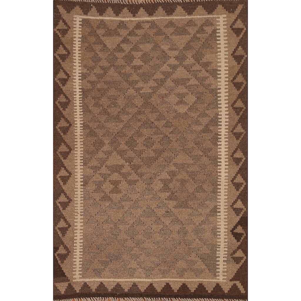 Brown Kilim Oriental Area Rug Flat-weave Wool Carpet - 3'3" x 4'10"
