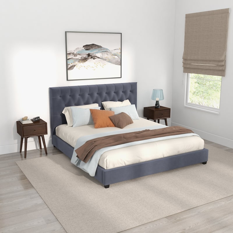 King Size Mid-Century Modern Grey Velvet Platform Bed with Elongated Tufted Headboard and Solid Wood Frame
