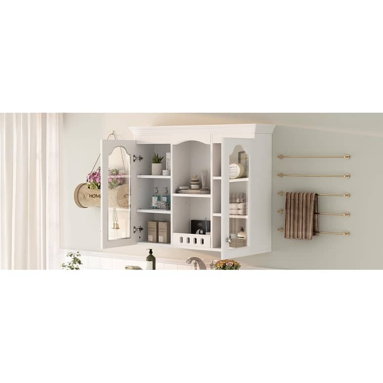 Roomfitters Wall Mounted Medicine Cabinet, Bathroom Cabinet with 2 Glass Doors, Over Toilet Storage Organizer, White