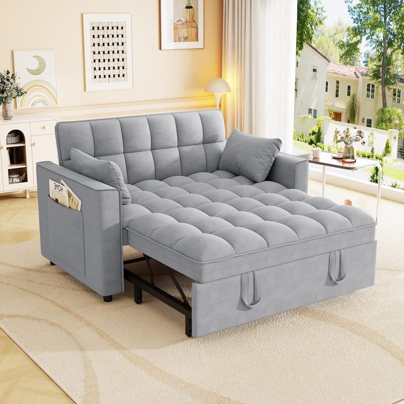 Anmytek Modern Velvet Small Loveseat Pull Out Sleeper Sofa Bed with Pillows and Side Pockets - light gray