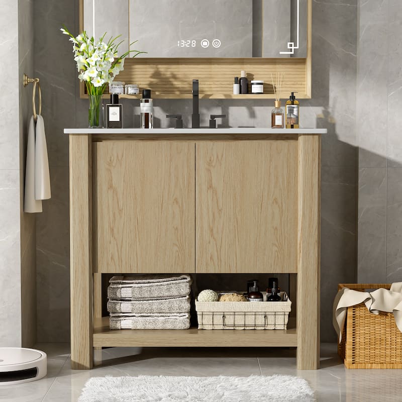 Bathroom Vanity with Ceramic Sink, Bathroom Cabinet with Soft-Closing Doors, Freestanding Cabinet with Open Shelf - Antique Natural