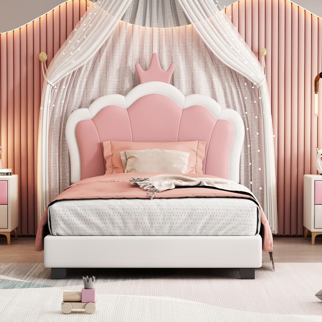 Twin Size Upholstered Platform Bed with Crown Headboard and Footboard in Cream and Pink