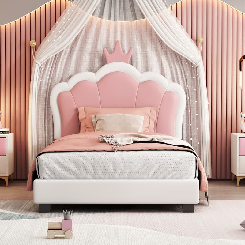 Twin Size Upholstered Platform Bed with Crown Headboard and Footboard in Cream and Pink - Cream