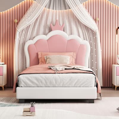 Twin size Upholstered Princess Bed With Crown Headboard,Twin Size Platform Bed with Headboard and Footboard, Cream+Pink
