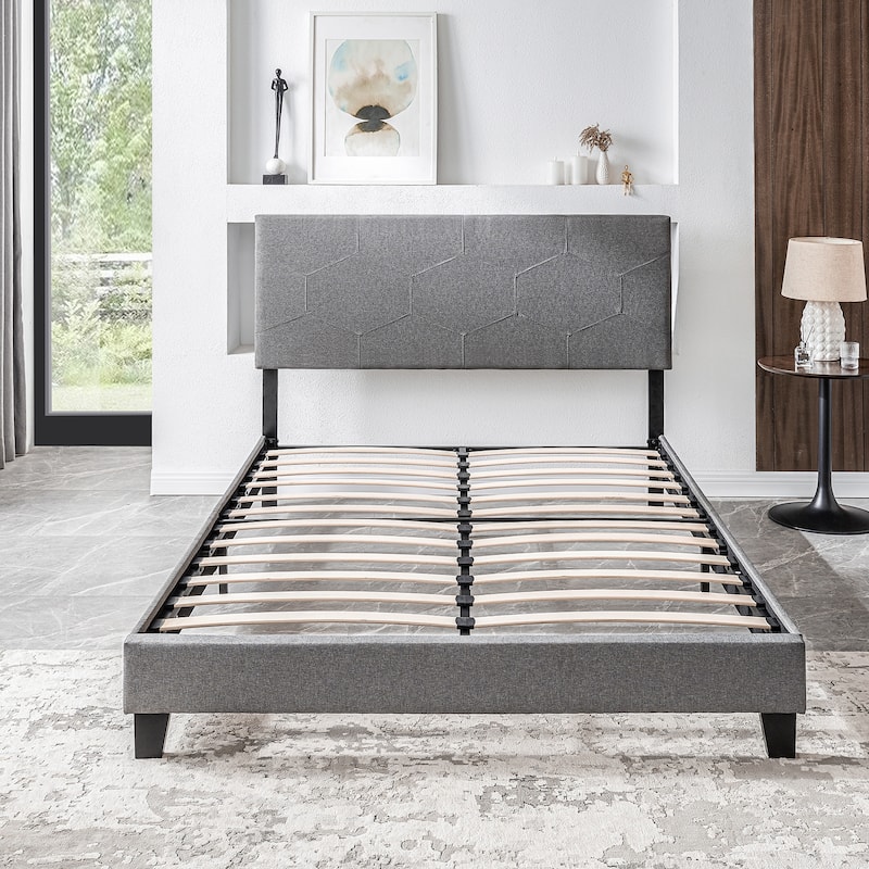 Grey Queen Size Upholstered Platform Bed with Slat Support