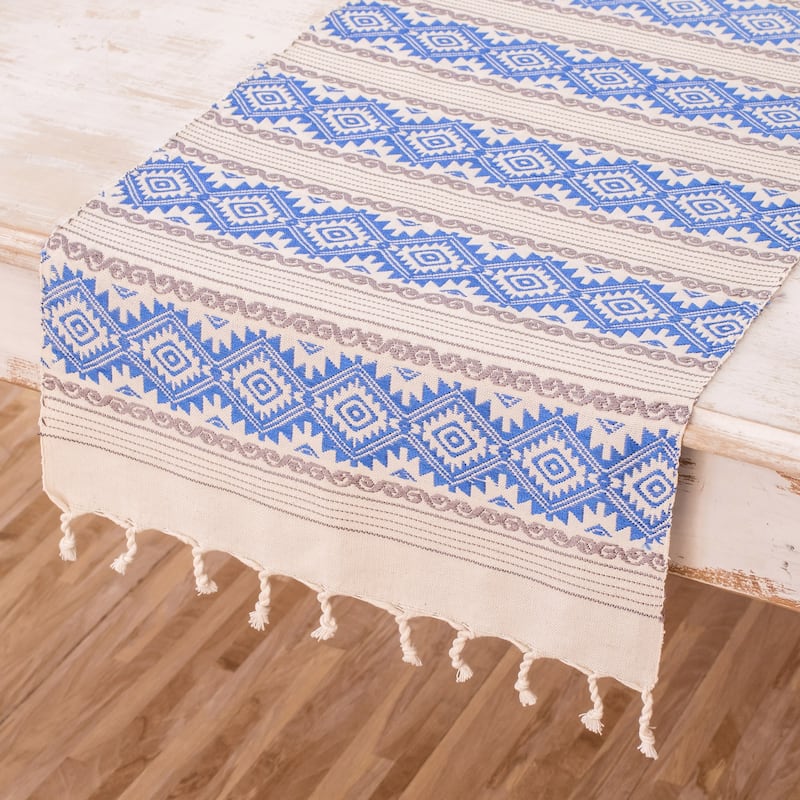 Novica Handmade Azure Diamond Cotton Table Runner