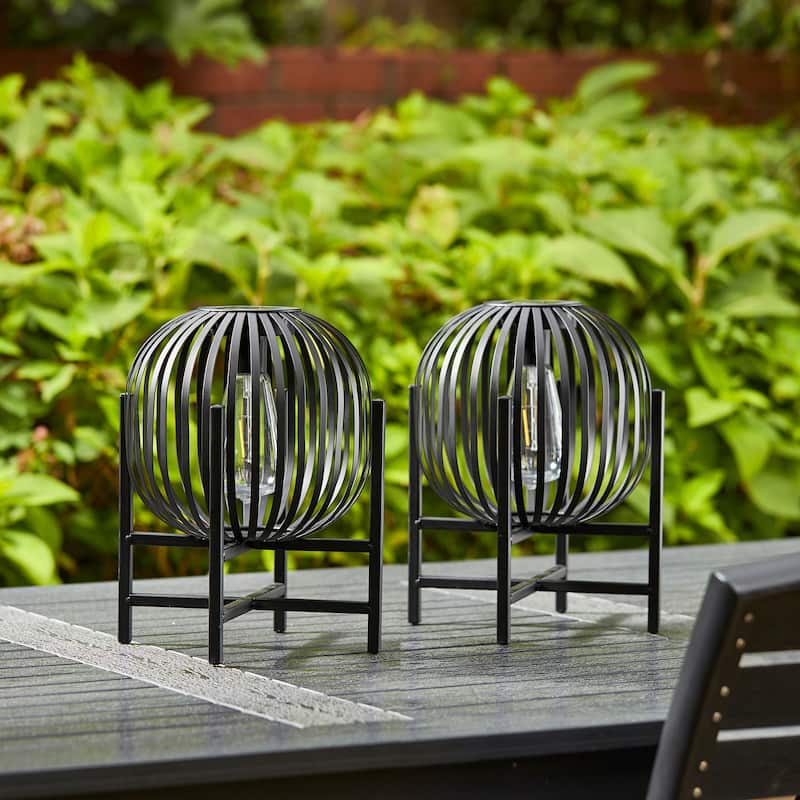 Glitzhome Set of 2 Outdoor Black Metal Striped Solar Lantern Floor Lamp