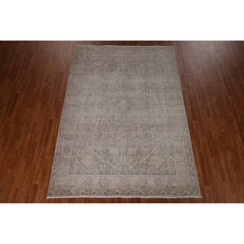 Distressed Muted Tabriz Persian Rug Handmade Vintage Wool Carpet - 6'5" x 9'3"