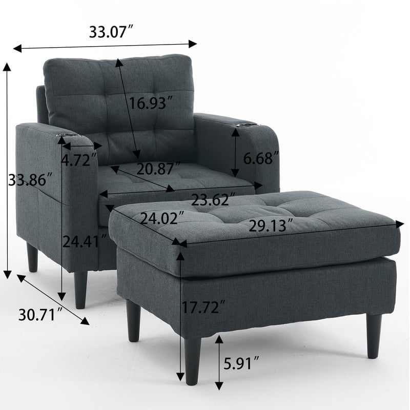 Living Room Upholstered Chair with Ottoman Set,Single Sofa with Cup Holders and Ottoman Storage