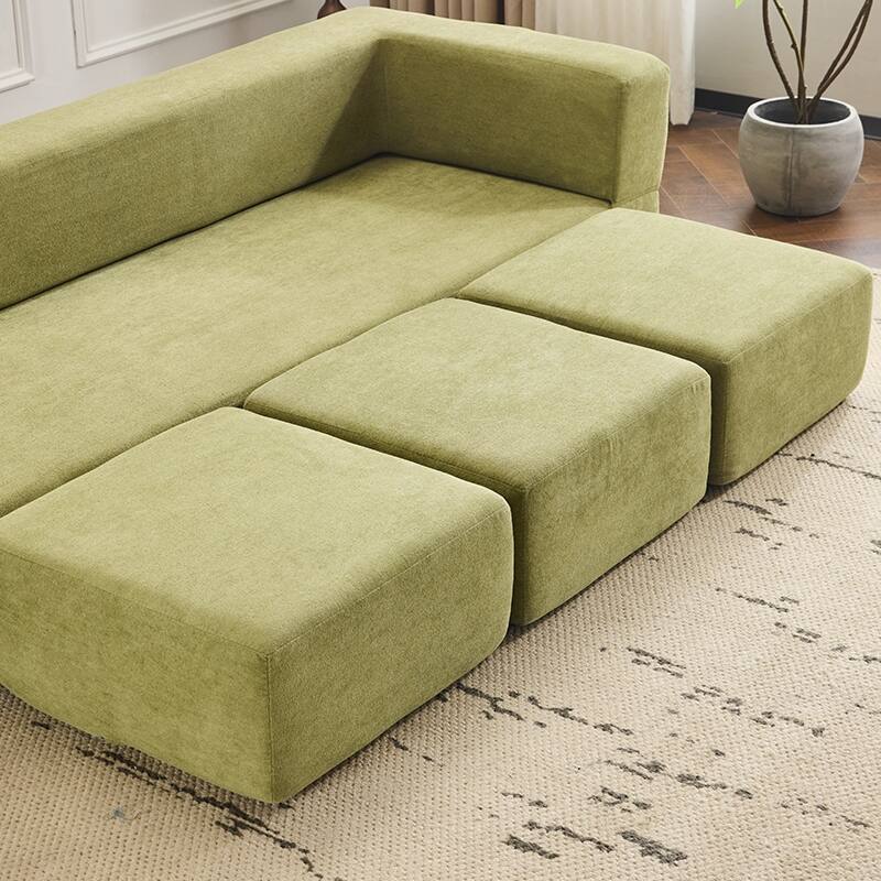Convertible Sectional Sofa With 3 Storage Ottomans - High-Resilience Foam Sleeper, Space-Saving Chenille Floor Sofa