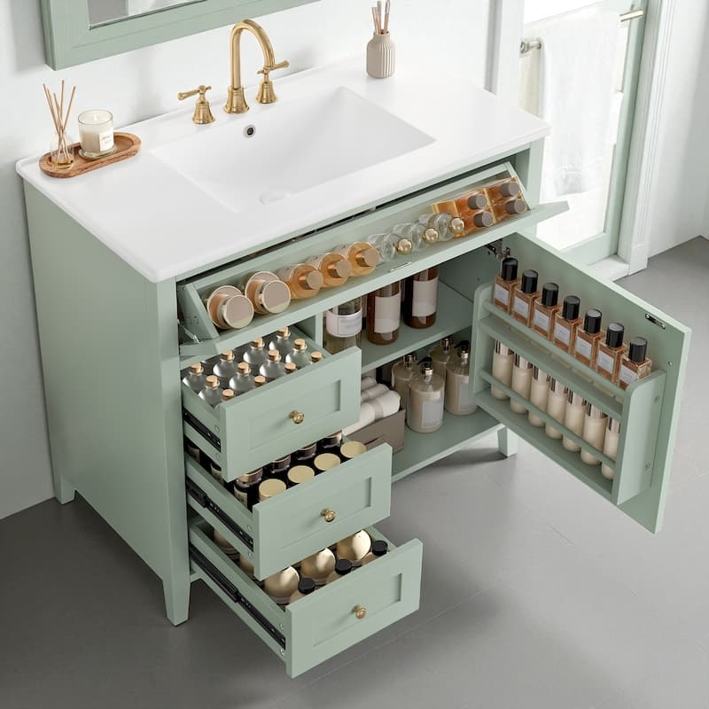 36-Inch Bathroom Vanity with Sink, MDF and Solid Wood Cabinet, 3 Drawers and Adjustable Shelf, Freestanding Design