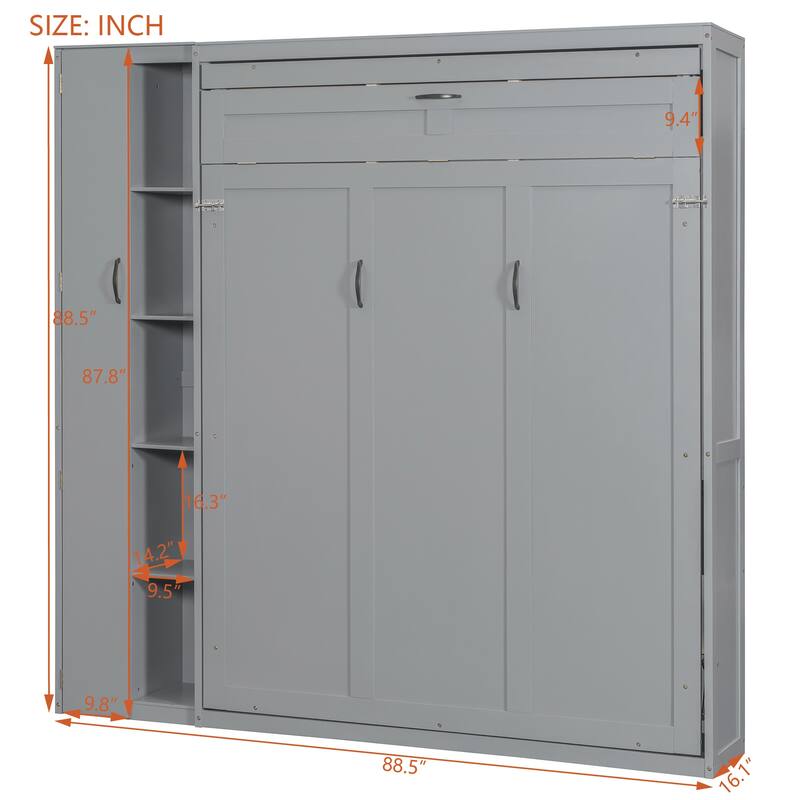 Space-Saving Queen Murphy Bed with Shelves, Wardrobe and LED Lights in Gray