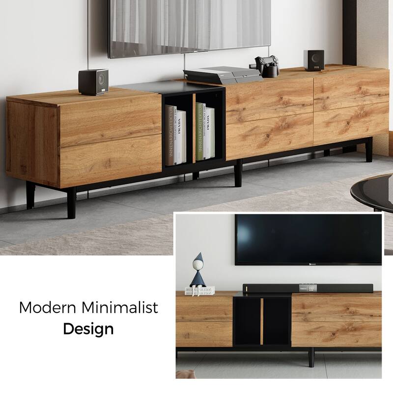 Modern TV Stand for 80'' TVs with 3 Doors, Concealed Storage and Pull-Down Cabinet Doors, for Living Rooms and Bedrooms
