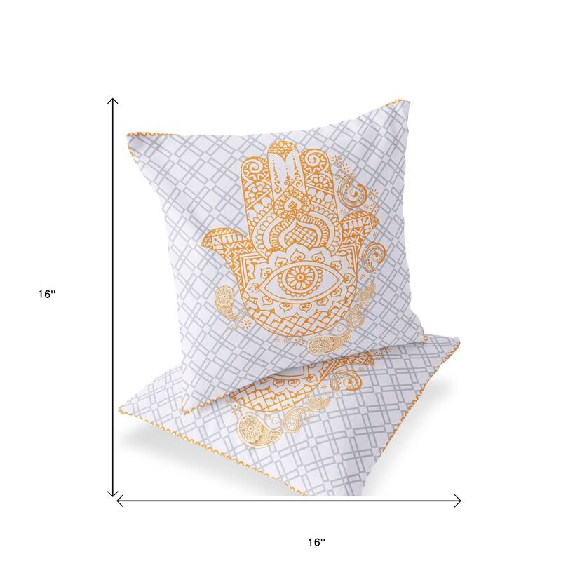 HomeRoots Set of Two 16" X 16" Gray and Gold Blown Seam Hamsa Indoor Outdoor Throw Pillow - 16.00' X '16.00' X '5.00
