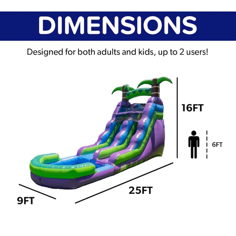 HeroKiddo 16' Purple Tropical Commercial Grade Inflatable Water Slide with Attached Pool & Air Blower Included, Kids Outdoor Fun