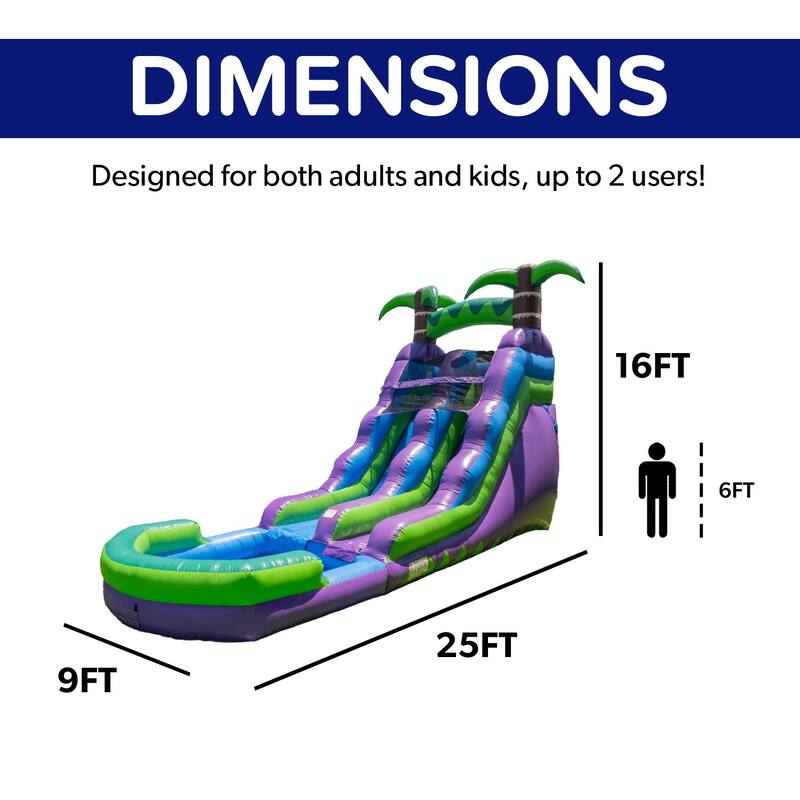 HeroKiddo 16' Purple Tropical Inflatable Kids Water Slide with Attached Pool (No Blower Included), Commercial Grade, Wet Dry Use