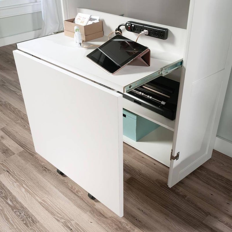 Space-Saving Craft Armoire with Drop Leaf Desk and Adjustable Storage Shelves Power Strip