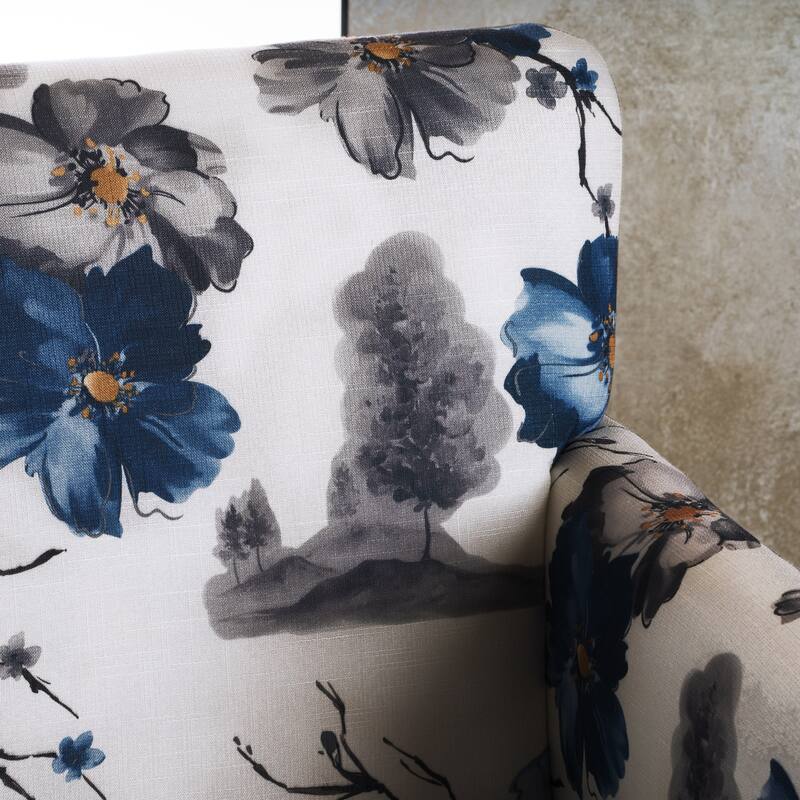 Tufted Floral Fabric Club Armchair with Turned Wood Legs and Nailhead Accents