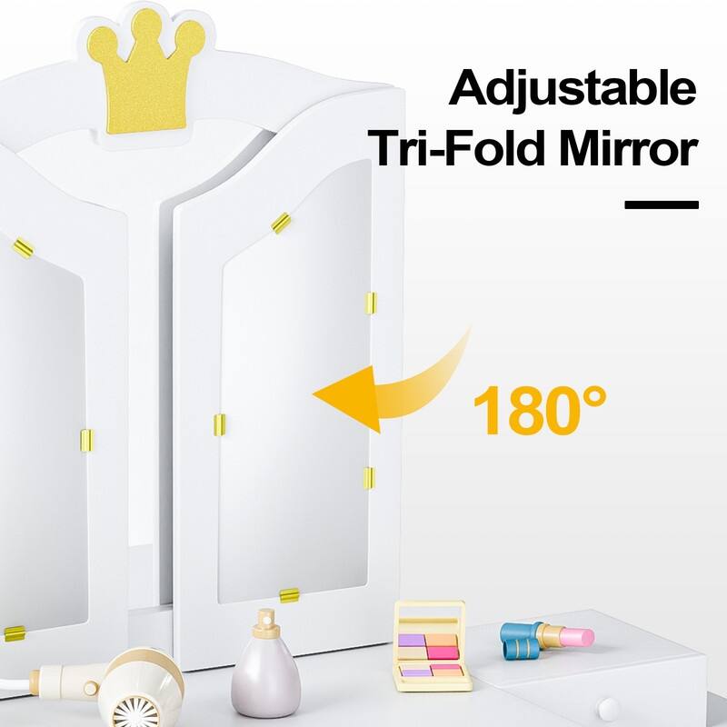 Kids Vanity Table And Chair Set, 2 In 1 Girls Vanity Storage Cabinet W/Tri-Folding Mirror - N/A